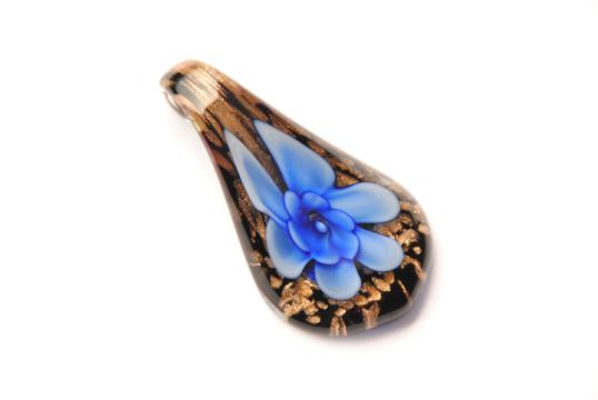 Schmuck aus Muranoglas - schwarz blau gold - Tropfen Form mit Blume