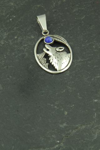 Wolf mit Lapislazuli Mond, Medallion Edelstahl Anhänger für Halsketten