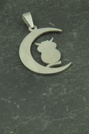 Eule mit Mond, Edelstahl Schmuck Anhänger